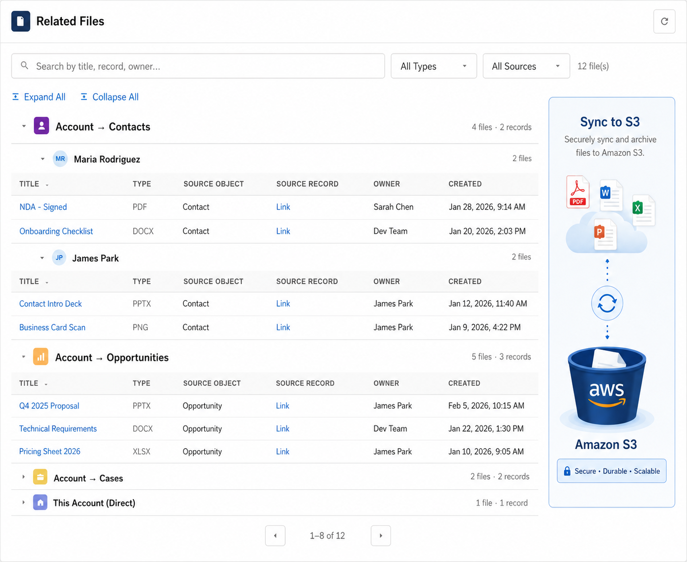 DeepFiles AWS showing Related Files alongside a Sync to Amazon S3 panel